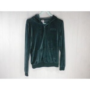 Victoria's Secret Hoodie M Kelly Green Velour‎ Full Zip Pink Logo Velvet Pockets